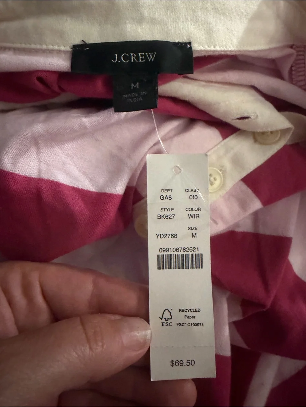 NWT J.Crew Pink Striped Cotton Rugby Polo Shirt Women’s Medium
